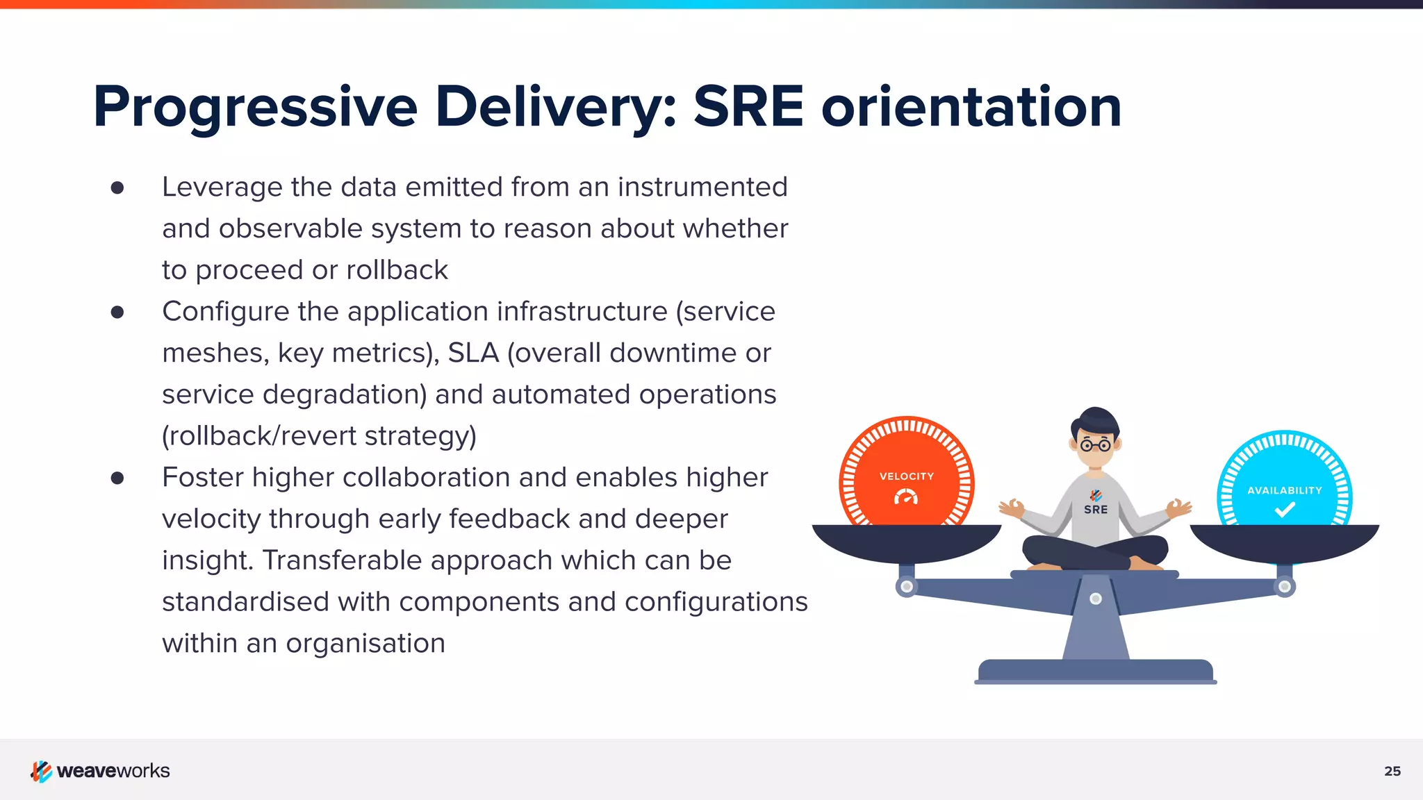 25 Progressive Delivery: SRE orientation ● Leverage the data emitted from an instrumented and observable system to reason about whether to proceed or rollback ● Conﬁgure the application infrastructure (service meshes, key metrics), SLA (overall downtime or service degradation) and automated operations (rollback/revert strategy) ● Foster higher collaboration and enables higher velocity through early feedback and deeper insight. Transferable approach which can be standardised with components and conﬁgurations within an organisation 