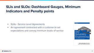 11
SLIs and SLOs: Dashboard Gauges, Minimum
Indicators and Penalty points
▪ SLAs - Service Level Agreements
▪ An agreement contracted with a customer to set
expectations and convey minimum levels of service
 