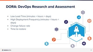 17
DORA: DevOps Research and Assessment
▪ Low Lead Time (minutes > hours > days)
▪ High Deployment Frequency (minutes < hours <
days)
▪ Change failure rate
▪ Time to restore
 