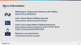 34
34
Whitepaper: Progressive Delivery with GitOps
https://bit.ly/3K8oZwU
Learn about Weave GitOps Assured
www.weave.works/product/gitops/
Learn more about Weave GitOps Enterprise
www.weave.works/enterprise and a 5 min demo
https://youtu.be/aqJaHNCz2lM
Request a personal demo
www.weave.works/contact
More information
 