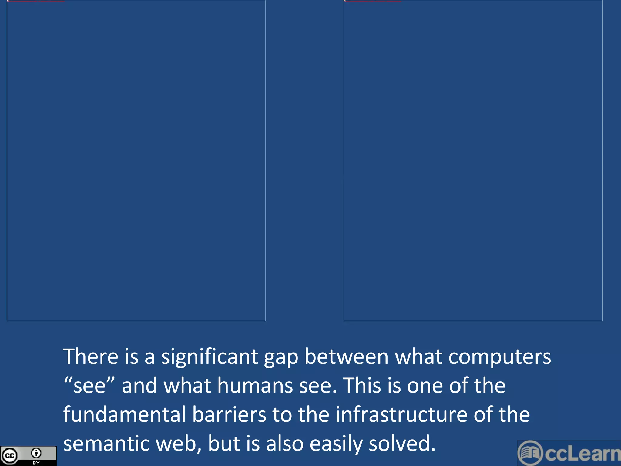 There is a significant gap between what computers “see” and what humans see. This is one of the fundamental barriers to the infrastructure of the semantic web, but is also easily solved. 