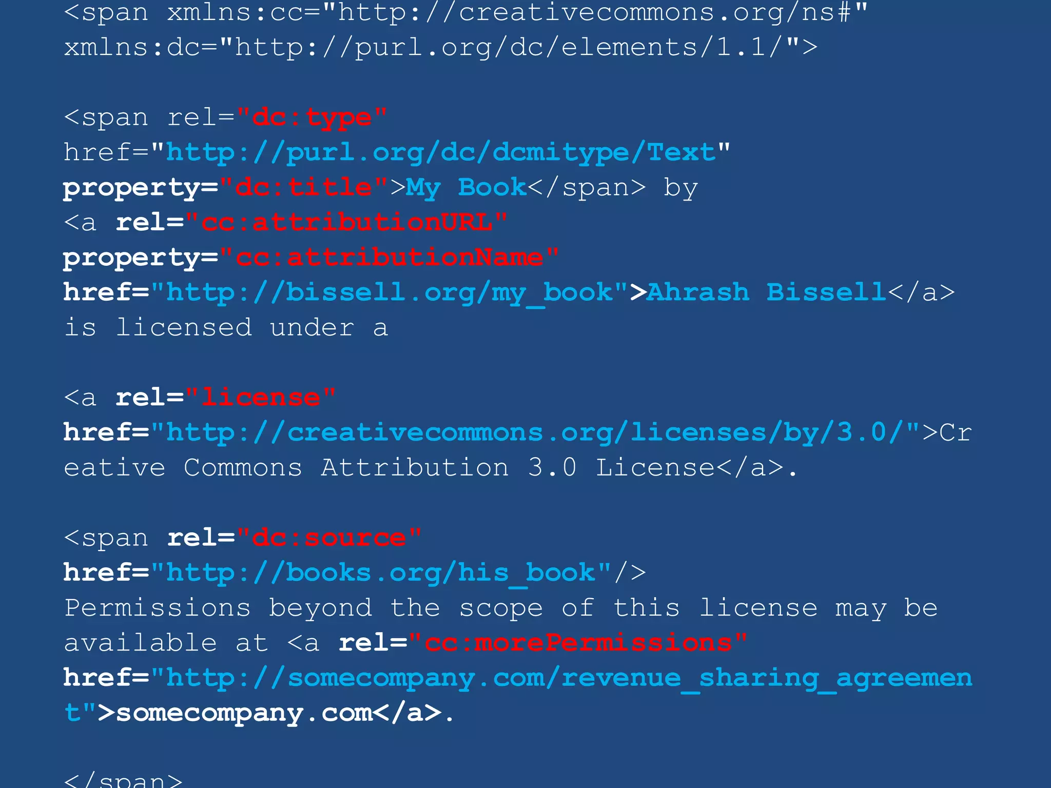 <span xmlns:cc=&quot;http://creativecommons.org/ns#&quot; xmlns:dc=&quot;http://purl.org/dc/elements/1.1/&quot;> <span rel= &quot; dc:type &quot;   href=&quot; http://purl.org/dc/dcmitype/Text &quot;  property= &quot;dc:title&quot; > My Book </span> by  <a  rel= &quot;cc:attributionURL&quot;   property= &quot;cc:attributionName&quot;   href= &quot;http://bissell.org/my_book&quot; > Ahrash Bissell </a>  is licensed under a  <a  rel= &quot;license&quot;   href= &quot;http://creativecommons.org/licenses/by/3.0/&quot; >Creative Commons Attribution 3.0 License</a>.  <span  rel= &quot;dc:source&quot;   href= &quot;http://books.org/his_book&quot; /> Permissions beyond the scope of this license may be available at <a  rel= &quot;cc:morePermissions&quot;   href= &quot;http://somecompany.com/revenue_sharing_agreement&quot; >somecompany.com</a>. </span> 