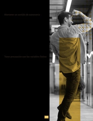 Gracias a la plataforma MyFtinessPal, existe un
entendimiento de por qué es tan improbable que las
personas realicen grandes cambios. La aplicación
requiere que se lleve un diario de los alimentos que se
consumen, lo cual muchas personas nunca han hecho
antes en su vida, lo que lo convierte en un cambio
extremadamente molesto y que eventualmente hace que
las personas abandonen la aplicación.
Por otra parte, otra aplicación de salud, más conocida
como Fttocracy, trabaja mucho mejor que el ejemplo
anterior, porque esta consiste en obtener un
reconocimiento casi que inmediato de la comunidad, lo
cual hace que las personas no solo se sientan motivadas,
sino que esta sensación se mantenga y no
necesariamente por algo que debió hacer el usuario.
Mantener un sentido de autonomia
Las experiencias con variables ﬁnitas generan menos
conexiones porque eventualmente se vuelven predecibles.
El primer show de televisión y Breaking bad, tienen en
común que empezaron de una manera interesante y
siendo pioneros en una narrativa en muchos aspectos,
pero las personas desafortunadamente fueron perdiendo
interés después de algún tiempo, puesto que se vuelven
cíclicas y predecibles.
El segundo ejemplo es Zynga, la compañía que creó el
exitoso juego Farmville, una fórmula tan funcional que
pensaron que al aplicarla en nuevos juegos como Citiville
y Chefville podrían lograr los mismo objetivos ya
alcanzados con el juego estrella, sin embargo las
personas no compraron sus nuevos juegos porque era
exactamente lo mismo pero envuelto en una nueva
etiqueta.
Tener precaución con las variables ﬁnitas
17
 