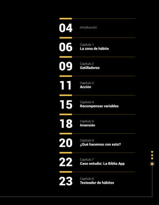 Introducción
04
Capítulo 1
La zona de hábito06
Capítulo 2
Gatilladores09
Capítulo 3
Acción11
Capítulo 4
Recompensas variables15
Capítulo 5
Inversión18
Capítulo 6
¿Qué hacemos con esto?20
Capítulo 7
Caso estudio: La Biblia App22
Capítulo 8
Testeador de hábitos23
 