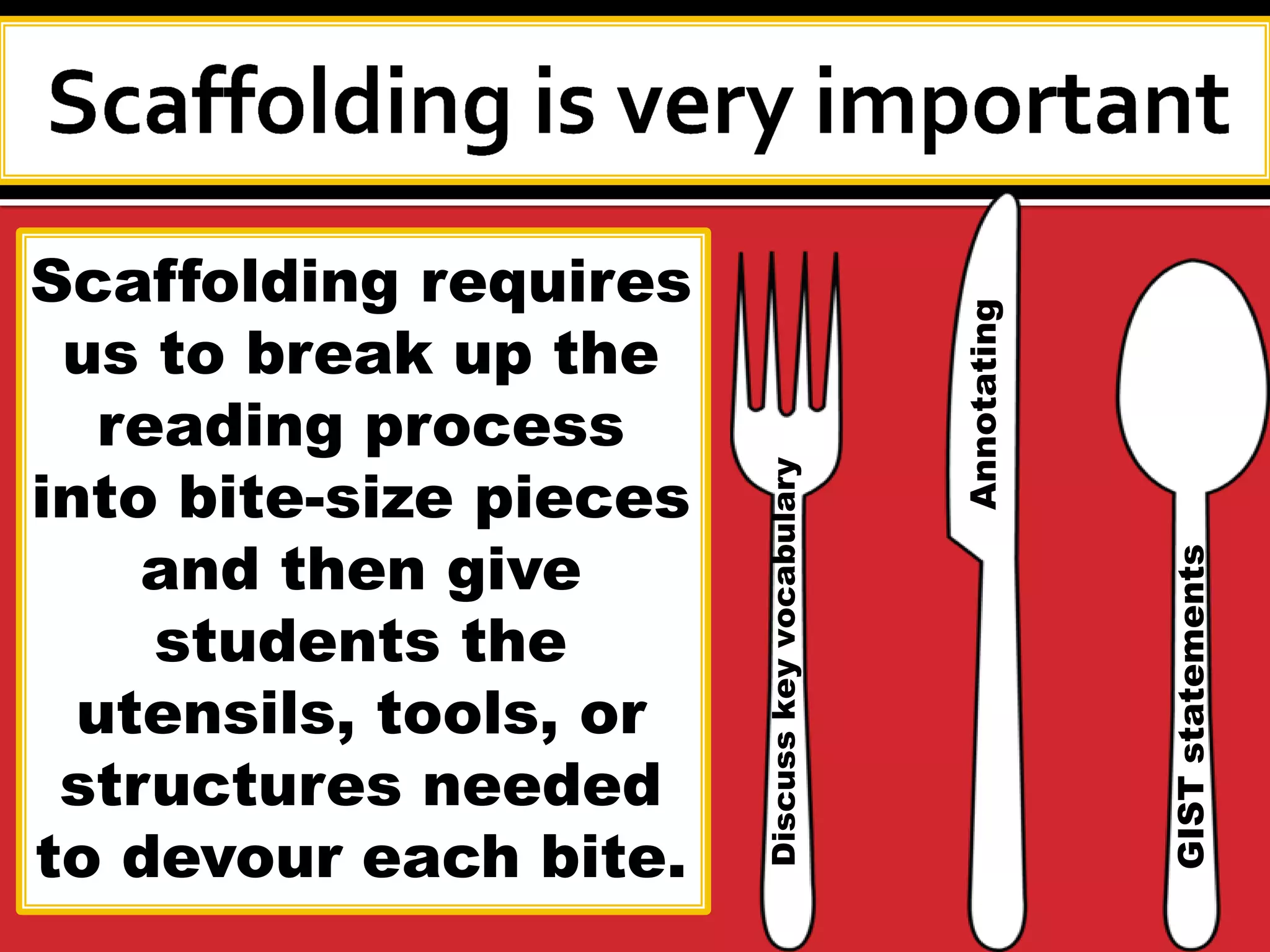 Scaffolding requires us to break up the reading process into bite-size pieces and then give students the utensils, tools, or structures needed to devour each bite. 
Discuss key vocabulary 
GIST statements 
Annotating  