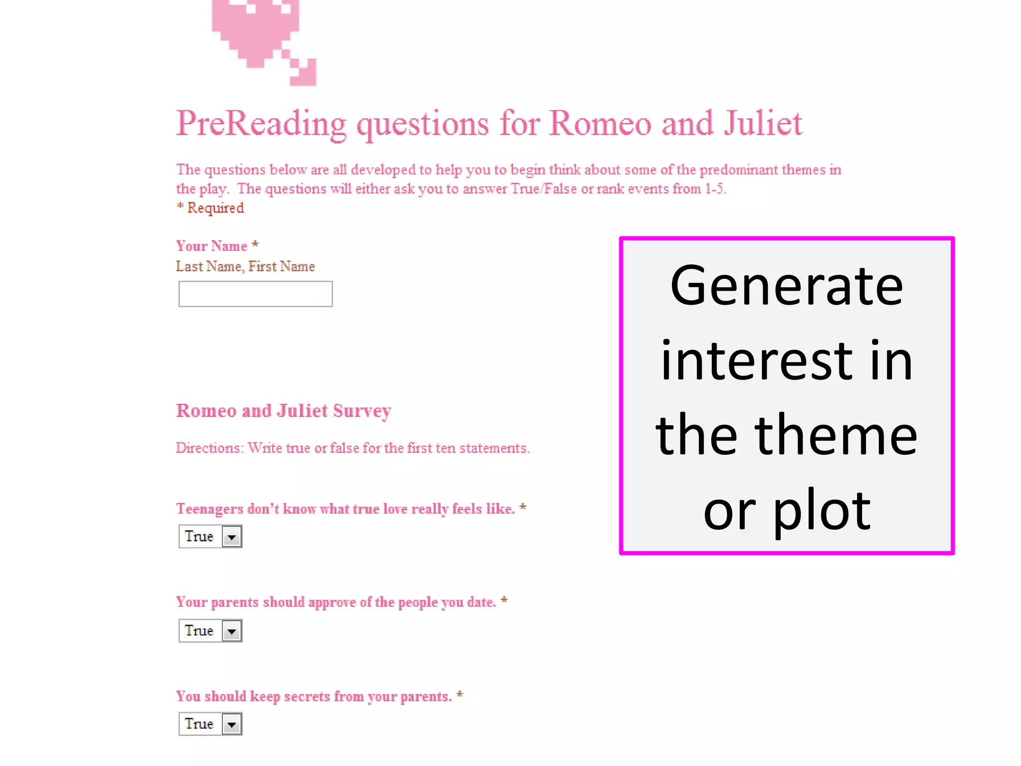 Generate interest in the theme or plot  