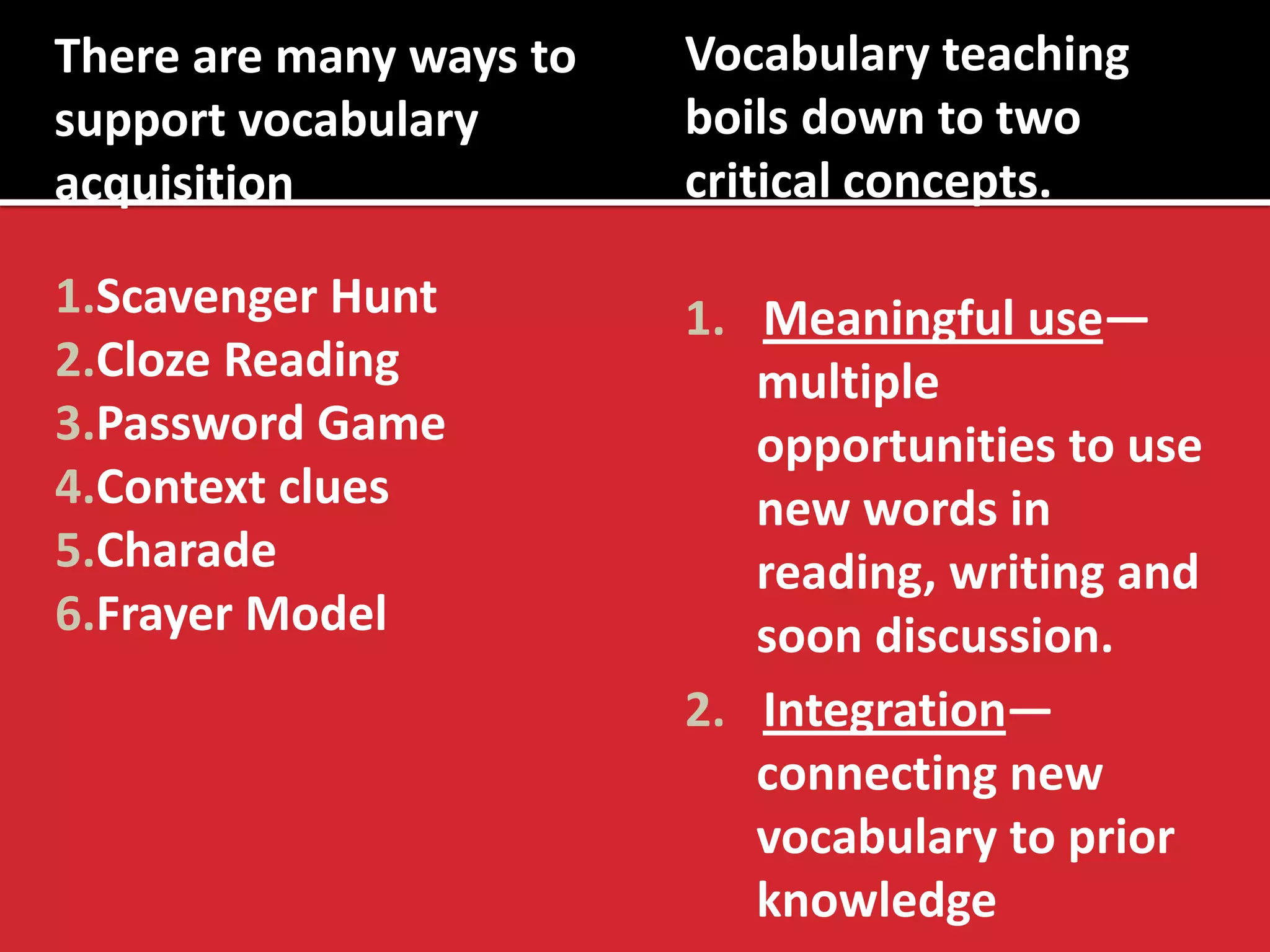 There are many ways to support vocabulary acquisition 
1.Scavenger Hunt 
2.Cloze Reading 
3.Password Game 
4.Context clues 
5.Charade 
6.Frayer Model 
Vocabulary teaching boils down to two critical concepts. 
1.Meaningful use— multiple opportunities to use new words in reading, writing and soon discussion. 
2.Integration— connecting new vocabulary to prior knowledge  