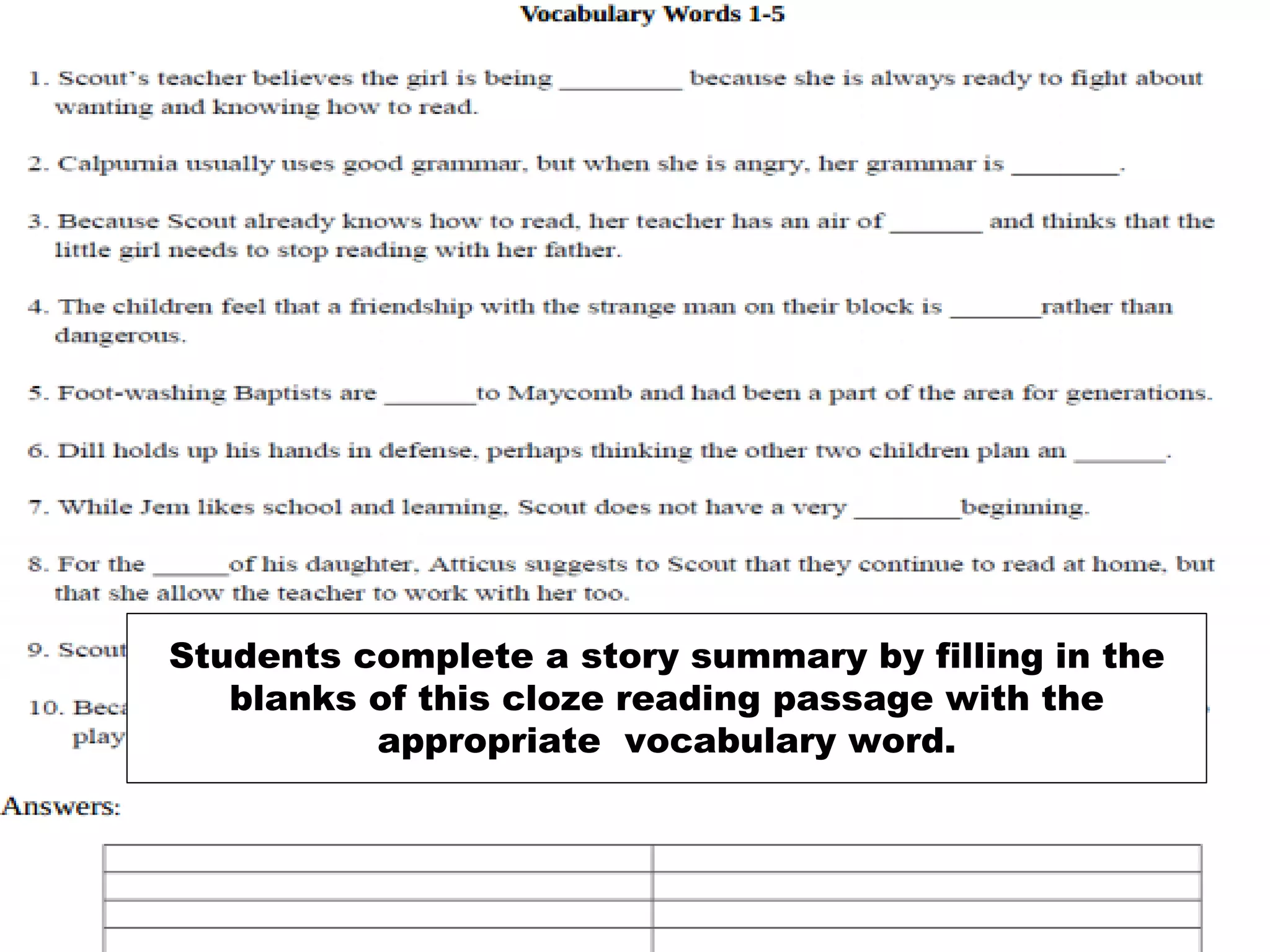 Students complete a story summary by filling in the blanks of this cloze reading passage with the appropriate vocabulary word.  