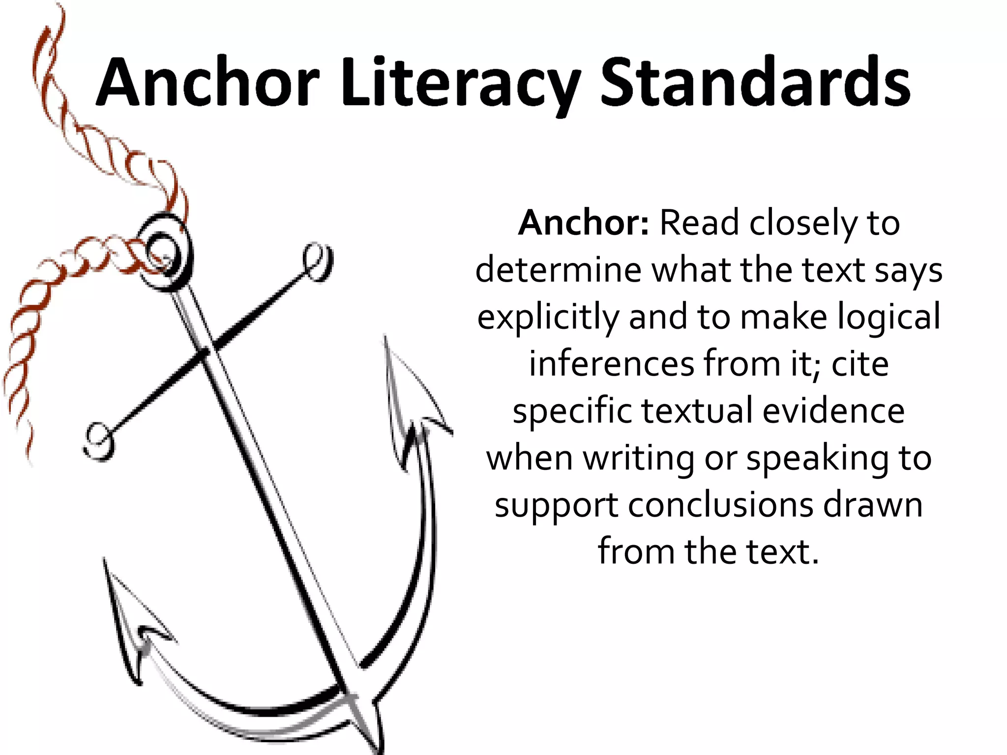 Anchor: Read closely to determine what the text says explicitly and to make logical inferences from it; cite specific textual evidence when writing or speaking to support conclusions drawn from the text.  