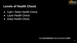 Ref: 淺談系統監控與 AWS CloudWatch 的應用
Levels of Health Check
● Light / Static Health Check
● Layer Health Check
● Deep Health Check
37
 