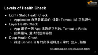 Levels of Health Check
41
● Light / Static Health Check
○ Application 自己是正常的, 像是: Tomcat, IIS 正常運作
● Layer Health Check
○ App 跟另一個 App 溝通是正常的, Tomcat to Redis
○ 出問題時，釐清問題的節點
● Deep Health Check
○ 確認 Service 自身的商務邏輯是正常的：登入、結帳
Ref: 淺談系統監控與 AWS CloudWatch 的應用
 