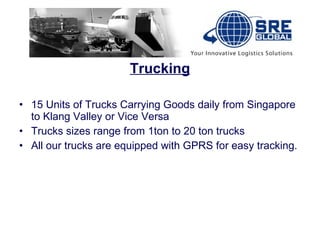 Trucking 15 Units of Trucks Carrying Goods daily from Singapore to Klang Valley or Vice Versa Trucks sizes range from 1ton to 20 ton trucks All our trucks are equipped with GPRS for easy tracking. 
