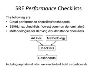 SRE	
  Performance	
  Checklists	
  
The following are:
•  Cloud performance checklists/dashboards
•  SSH/Linux checklists (lowest common denominator)
•  Methodologies for deriving cloud/instance checklists
Ad Hoc Methodology
Checklists
Dashboards
Including aspirational: what we want to do & build as dashboards
 