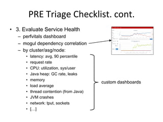 PRE	
  Triage	
  Checklist.	
  cont.	
  
•  3. Evaluate Service Health
–  perfvitals dashboard
–  mogul dependency correlation
–  by cluster/asg/node:
•  latency: avg, 90 percentile
•  request rate
•  CPU: utilization, sys/user
•  Java heap: GC rate, leaks
•  memory
•  load average
•  thread contention (from Java)
•  JVM crashes
•  network: tput, sockets
•  […]
custom dashboards
 