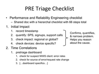 PRE	
  Triage	
  Checklist	
  
•  Performance and Reliability Engineering checklist
–  Shared doc with a hierarchal checklist with 66 steps total
1.  Initial Impact
1.  record timestamp
2.  quantify: SPS, signups, support calls
3.  check impact: regional or global?
4.  check devices: device specific?
2.  Time Correlations
1.  pretriage dashboard
1.  check for suspect NIWS client: error rates
2.  check for source of error/request rate change
3.  […dashboard specifics…]
Confirms, quantifies,
& narrows problem.
Helps you reason
about the cause.
 