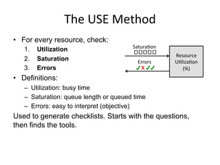 The	
  USE	
  Method	
  
•  For every resource, check:
1.  Utilization
2.  Saturation
3.  Errors
•  Definitions:
–  Utilization: busy time
–  Saturation: queue length or queued time
–  Errors: easy to interpret (objective)
Used to generate checklists. Starts with the questions,
then finds the tools.
Resource	
  
UQlizaQon	
  
(%)	
  X	
  
 