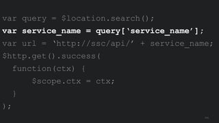 111
var query = $location.search();
var service_name = query[‘service_name’];
var url = ‘http://ssc/api/’ + service_name;
$http.get().success(
function(ctx) {
$scope.ctx = ctx;
}
);
 