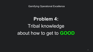 Problem 4:
Tribal knowledge
about how to get to GOOD
26
Gamifying Operational Excellence
 