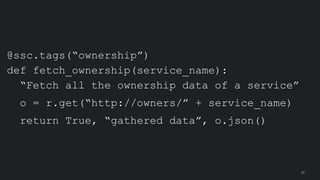 @ssc.tags(“ownership”)
def fetch_ownership(service_name):
“Fetch all the ownership data of a service”
o = r.get(“http://owners/” + service_name)
return True, “gathered data”, o.json()
50
 