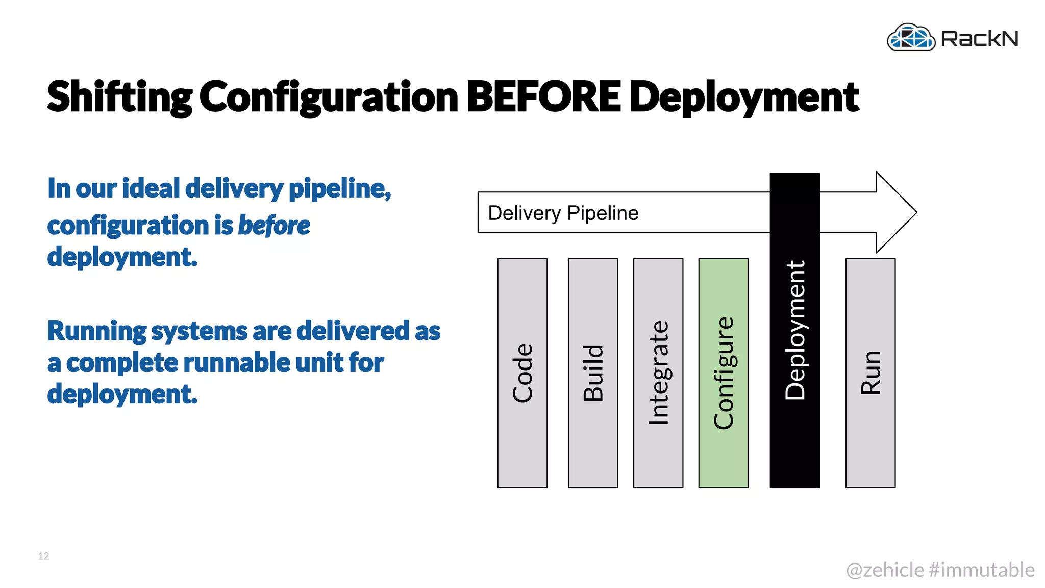 12
@zehicle #immutable
Shifting Configuration BEFORE Deployment
In our ideal delivery pipeline,
configuration is before
deployment.
Running systems are delivered as
a complete runnable unit for
deployment.
Delivery Pipeline
Deployment
Code
Build
Integrate
Run
Configure
 