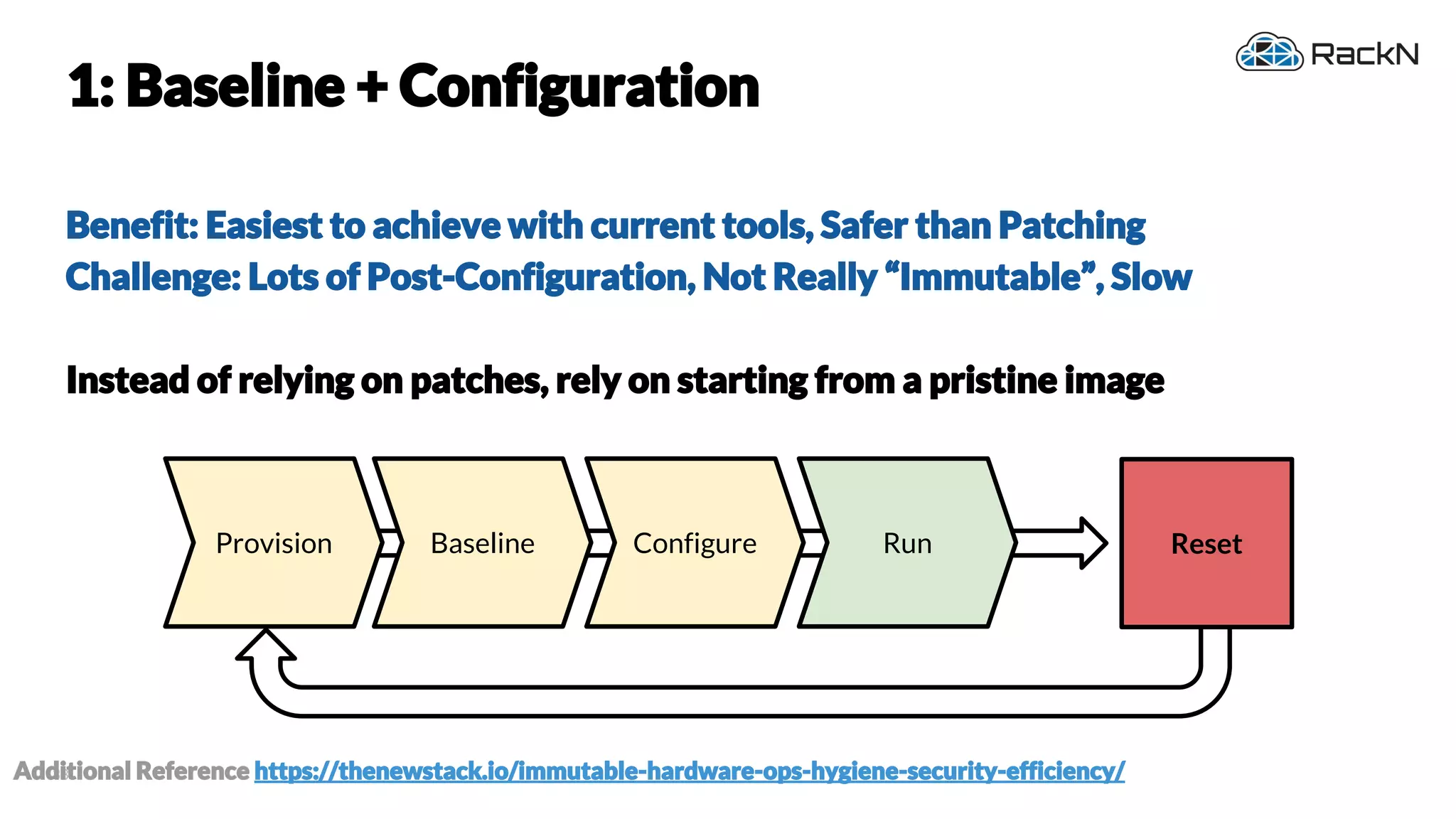 33
Provision
1: Baseline + Configuration
Benefit: Easiest to achieve with current tools, Safer than Patching
Challenge: Lots of Post-Configuration, Not Really “Immutable”, Slow
Instead of relying on patches, rely on starting from a pristine image
ResetBaseline Configure Run
Additional Reference https://thenewstack.io/immutable-hardware-ops-hygiene-security-efficiency/
 