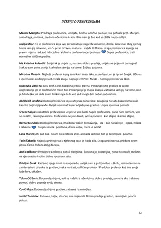 52
Mandić Marijeta: Predraga profesorica, umiljata, brižna, odlično predaje, sve pohvale prof. Marijeti.
Jako draga, poštena, predana učenicima i radu. Bilo nam je žao kad je otišla na porodiljni.
Josipa Mioč: To je profesorica koja svoj sat odrađuje najprofesionalnije, dobra, zabavna i zbog njenog
truda sam joj zahvalan, jer ću proći državnu maturu… valjda  Dobra, draga profesorica kojoj je na
prvom mjestu red, rad i disciplina. Volim tu profesoricu jer je simpa Super profesorica, traži
normalne količine gradiva.
Iris Katarina Kolendić: Smiješak je uvijek tu, nastavu dobro predaje, uvijek sve pojasni i pomogne!
Stekao sam puno znanja i zahvalan sam joj na tome! Šaljiva, zabavna.
Miroslav Mesarić: Najbolji profesor kojeg sam ikad imao, iako je profesor, on je i pravi čovjek. Uči nas
i sprema nas za daljnji život. Hvala kralju, najbolji si!! Prof. Meski – najbolji profesor na školi.
Dubravka Liebl: Na satu prof. Liebl disciplina je bila glavna. Ponavljali smo gradivo za svako
odgovaranje jer je profesoričin moto bio: Ponavljanje je majka znanja. Zahvalna sam joj na tome, iako
je bilo teško, ali sada znam toliko toga da bi već sad mogla biti dobar poduzetnik.
Aličelebić Letafeta: Dobra profesorica koja zahtjeva puno rada i zalaganja na satu kako bismo izašli
kao što bolji knjigovođe. Uvijek smirena! Super objašnjava gradivo. Uvijek spremna pomoći.
Srdelić Sanja: Jako dobra profesorica i uvijek se voli šaliti. Super profesorica, puno nam pomaže, voli
se našaliti, zanimljiva osoba. Profesorica se jako trudi, svima pomaže i kad stigne i kad ne stigne.
Bernarda Zubak: Dobra profesorica, ima dobar način predavanja, i da – kao najvažnije – lijepa, mlada
i zabavna Uvijek vesela i pozitivna, dobre volje, meni se sviđa!
Lana Marini: Ah, sad baš i nisam bio često na etici, ali kada sam bio bilo je zanimljivo i poučno.
Tarin Šabarić: Najbolja profesorica iz tjelesnog koja je ikada bila. Draga profesorica, predana svom
poslu. Često živčana zbog dečkiju.
Anđa Križanac: Profesorica od reda, rada i discipline. Zabavna je, susretljiva, puno nas nauči, molimo
na vjeronauku i volim biti na njezinom satu.
Kristijan Šivak: Kad smo njega imali na rasporedu, uvijek sam s guštom išao u školu, jednostavno zna
zainteresirati učenike za gradivo, svaka mu čast, odličan profesor! Predobar profesor koji ima svoje
lude fore, otkačen.
Tokmačić Boris: Dobro objašnjava, voli se našaliti s učenicima, dobro predaje, pomaže ako trebamo
pomoć, dobro poznaje svoju struku.
Čović Maja: Dobro objašnjava gradivo, zabavna i zanimljiva.
Jurišić Tomislav: Zabavan, šaljiv, stručan, zna objasniti. Dobro predaje gradivo, zanimljivi i poučni
pokusi.
 