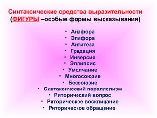 Синтаксические средства выразительности 
(ФИГУРЫ –особые формы высказывания) 
• Анафора 
• Эпифора 
• Антитеза 
• Градация 
• Инверсия 
• Эллипсис 
• Умолчание 
• Многосоюзие 
• Бессоюзие 
• Синтаксический параллелизм 
• Риторический вопрос 
• Риторическое восклицание 
• Риторическое обращение 
 