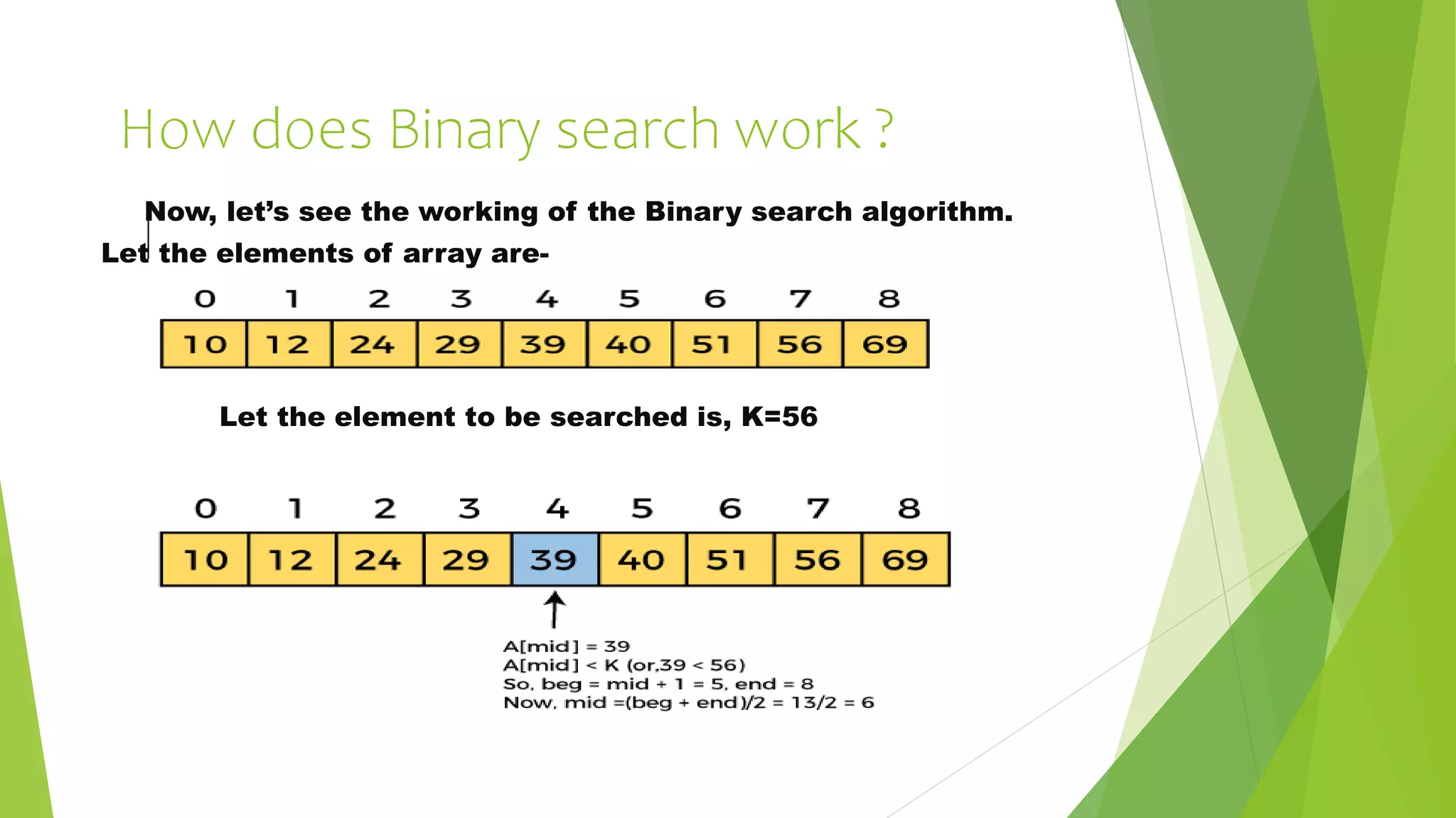 How does Binary search work ?
Now, let’s see the working of the Binary search algorithm.
Let the elements of array are-
Let the element to be searched is, K=56
 