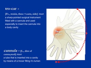 tro-car [Fr., troisis, three +carre, side] noun
a sharp-pointed surgical instrument
fitted with a cannula and used
especially to insert the cannula into
a body cavity

cannula - [L., dim of
canna,reed] noun

a tube that is inserted into a cavity
by means of a trocar filling it’s lumen

 