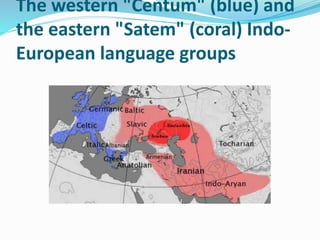 The western "Centum" (blue) and
the eastern "Satem" (coral) Indo-
European language groups
 