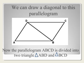 We can draw a diagonal to this
parallelogram
Now the parallelogram ABCD is divided into
two triangle ABD and BCD
 