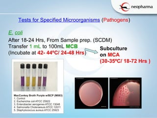   
Tests for Specified Microorganisms (Pathogens)
E. coli
After 18-24 Hrs, From Sample prep. (SCDM)
Transfer 1 mL to 100mL MCB
(Incubate at 42- 44ºC/ 24-48 Hrs)
Subculture 
on MCA
(30-35ºC/ 18-72 Hrs )
 