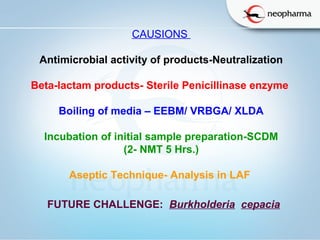   
CAUSIONS
Antimicrobial activity of products-Neutralization
Beta-lactam products- Sterile Penicillinase enzyme 
Boiling of media – EEBM/ VRBGA/ XLDA
Incubation of initial sample preparation-SCDM
(2- NMT 5 Hrs.)
Aseptic Technique- Analysis in LAF 
FUTURE CHALLENGE:  Burkholderia cepacia 
 