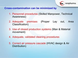   
Cross-contamination can be minimized by
1. Personnel procedures (Skilled Manpower, Technical
Awareness)
2. Adequate premises (Proper Lay out, Area
Classification)
3. Use of closed production systems (Man & Material
movement)
4. Adequate, validated cleaning procedures
5. Correct air pressure cascade (HVAC design & Air
Distribution)
 