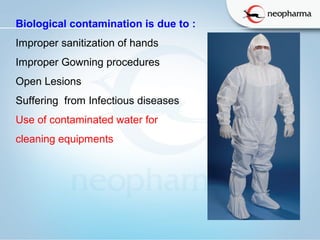  
Biological contamination is due to :
Improper sanitization of hands
Improper Gowning procedures
Open Lesions
Suffering from Infectious diseases
Use of contaminated water for
cleaning equipments
 