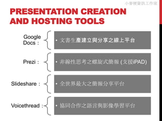 小麥梗資訊工作室

PRESENTATION CREATION
AND HOSTING TOOLS
    Google
    Docs：      • 文書生產建立與分享之線上平台



    Prezi：     • 非線性思考之螺旋式簡報 (支援iPAD)



Slideshare：    • 全世界最大之簡報分享平台



Voicethread：   • 協同合作之語言與影像學習平台
 