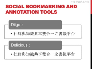 小麥梗資訊工作室

SOCIAL BOOKMARKING AND
ANNOTATION TOOLS

 Diigo：

 • 社群與知識共享雙合一之書籤平台

 Delicious：

 • 社群與知識共享雙合一之書籤平台
 