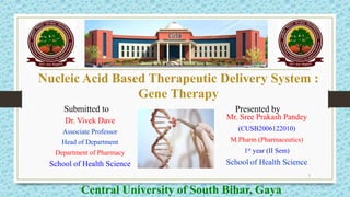 Nucleic Acid Based Therapeutic Delivery System :
Gene Therapy
Submitted to
Dr. Vivek Dave
Associate Professor
Head of Department
Department of Pharmacy
School of Health Science
Presented by
Mr. Sree Prakash Pandey
(CUSB2006122010)
M.Pharm (Pharmaceutics)
1st year (II Sem)
School of Health Science
1
Central University of South Bihar, Gaya
 