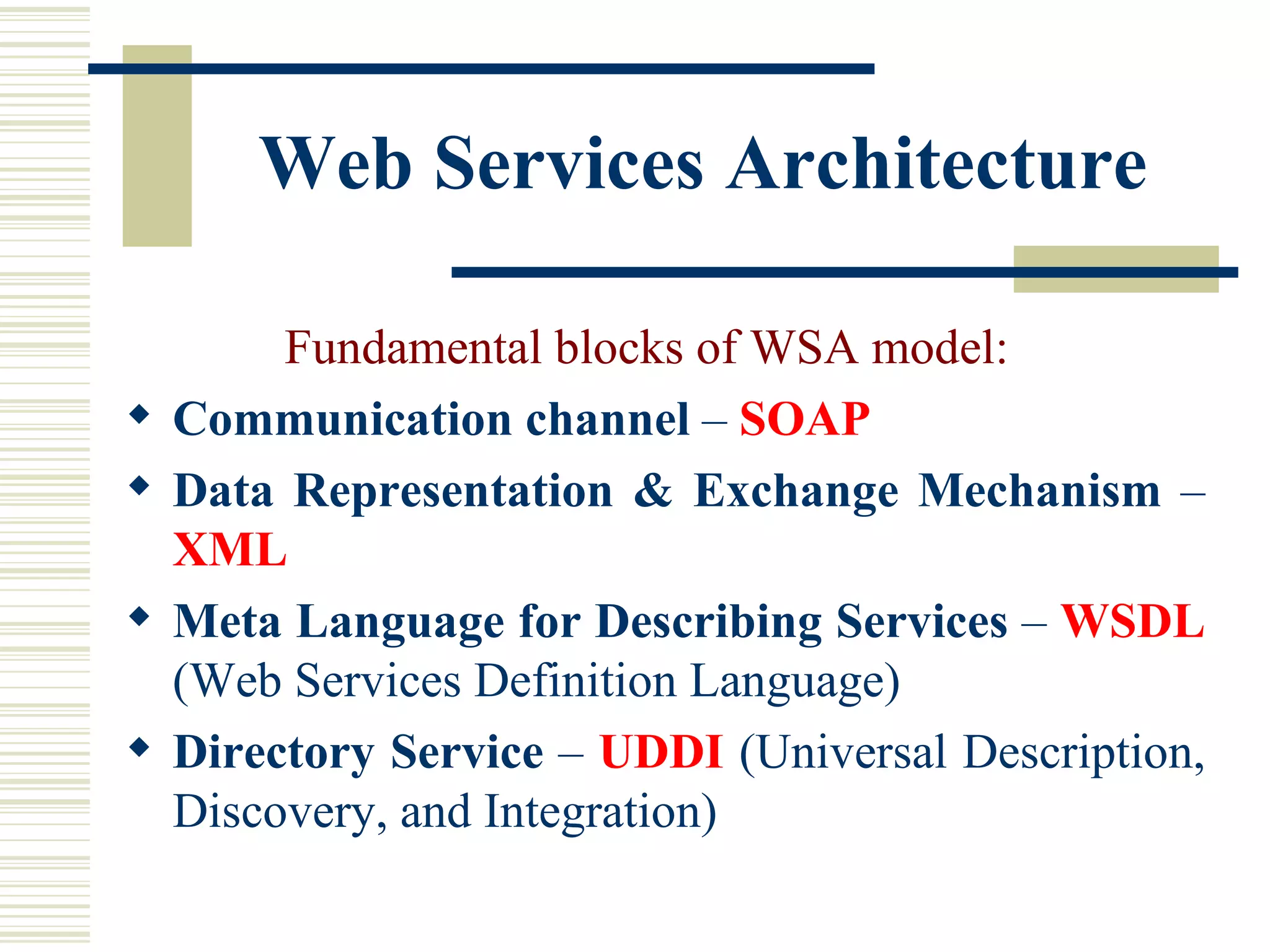 Web Services   Architecture Fundamental blocks of WSA model: Communication channel  –  SOAP Data Representation & Exchange Mechanism  –  XML Meta Language for Describing Services  –  WSDL  (Web Services Definition Language) Directory Service  –  UDDI  (Universal Description, Discovery, and Integration) 