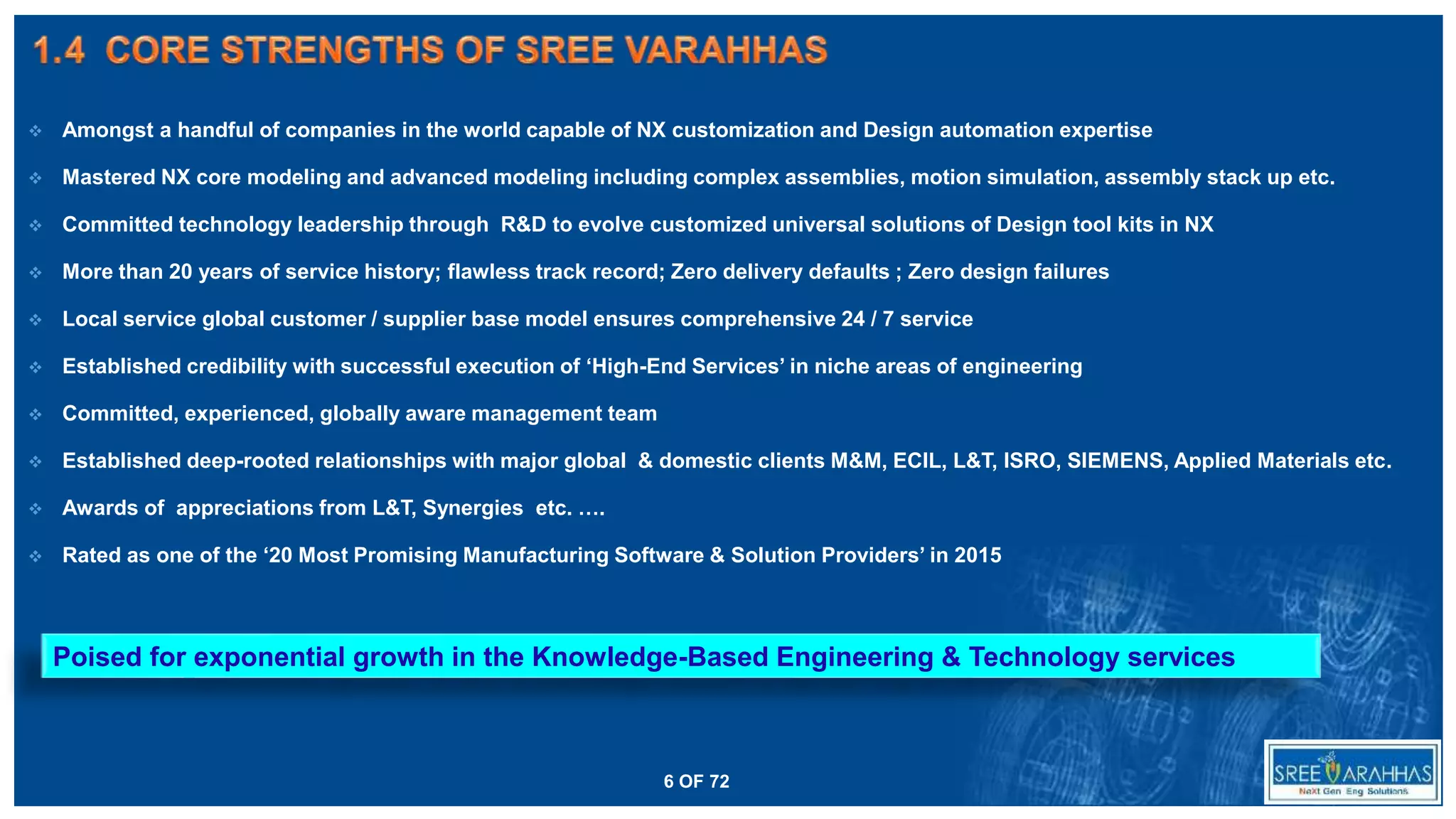 ❖ Amongst a handful of companies in the world capable of NX customization and Design automation expertise
❖ Mastered NX core modeling and advanced modeling including complex assemblies, motion simulation, assembly stack up etc.
❖ Committed technology leadership through R&D to evolve customized universal solutions of Design tool kits in NX
❖ More than 20 years of service history; flawless track record; Zero delivery defaults ; Zero design failures
❖ Local service global customer / supplier base model ensures comprehensive 24 / 7 service
❖ Established credibility with successful execution of ‘High-End Services’ in niche areas of engineering
❖ Committed, experienced, globally aware management team
❖ Established deep-rooted relationships with major global & domestic clients M&M, ECIL, L&T, ISRO, SIEMENS, Applied Materials etc.
❖ Awards of appreciations from L&T, Synergies etc. ….
❖ Rated as one of the ‘20 Most Promising Manufacturing Software & Solution Providers’ in 2015
Poised for exponential growth in the Knowledge-Based Engineering & Technology services
6 OF 72
 