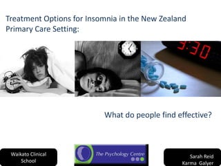 Treatment Options for Insomnia in the New Zealand Primary Care Setting:  What do people find effective? Sarah Reid Karma  Galyer Waikato Clinical School 