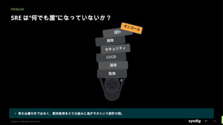 PROBLEM
SRE は“何でも屋”になっていないか？
▸ 答えは線引きではなく、認知負荷をどう仕組みに逃がすかという設計の話。
Sysdig Inc. Proprietary Information 10
 