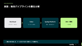 IMPLEMENTATION
実装：検知パイプラインの責任分解
Workload
コンテナ / ホスト
Falco
ランタイム検知
Sysdig Platform
要約・優先度付け
SRE / 開発
一次対応
▸ 責任の受け渡しを、ツール任せではなく設計として定義する。
Sysdig Inc. Proprietary Information 27
 