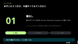 CALL TO ACTION
まずこの 3 つだけ、今週やってみてください
01
棚出し
直近のオンコール対応を Intrinsic / Extraneous / Germane に分類してみる
▸ どこに Extraneous （余計な負荷）が溜まっているかが見える化される
01 棚出し 02 境界を書く 03 一点突破
▸ 線引きを議論するのではなく、小さく設計してみる。
Sysdig Inc. Proprietary Information 31
 