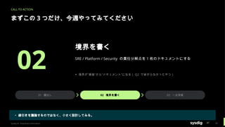 CALL TO ACTION
まずこの 3 つだけ、今週やってみてください
02
境界を書く
SRE / Platform / Security の責任分解点を 1 枚のドキュメントにする
▸ 境界が“感覚”から“ドキュメント”になる（ Q2 で挙がらなかったやつ）
01 棚出し 02 境界を書く 03 一点突破
▸ 線引きを議論するのではなく、小さく設計してみる。
Sysdig Inc. Proprietary Information 32
 