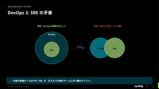 BACKGROUND / HISTORY
DevOps と SRE の矛盾
▸ 内側の実践だったはずの SRE が、巨大化で外側のチームに切り離されていく。
Sysdig Inc. Proprietary Information 9
 
