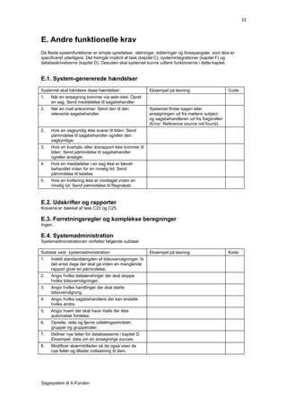 12



E. Andre funktionelle krav
De fleste systemfunktioner er simple oprettelser, sletninger, editeringer og forespørgsler, som ikke er
specificeret yderligere. Det fremgår implicit af task (kapitel C), systemintegrationer (kapitel F) og
databeskrivelserne (kapitel D). Desuden skal systemet kunne udføre funktionerne i dette kapitel.


E.1. System-genererede hændelser
Systemet skal håndtere disse hændelser:                   Eksempel på løsning:                     Code:
1.   Når en ansøgning kommer via web-sitet: Opret
     en sag. Send meddelelse til sagsbehandler.
2.   Når en mail ankommer: Send den til den               Systemet finder sagen eller
     relevante sagsbehandler.                             ansøgningen ud fra mailens subject
                                                          og sagsbehandleren ud fra Sagsrollen
                                                          (Error: Reference source not found).
2.   Hvis en sagkyndig ikke svarer til tiden: Send
     påmindelse til sagsbehandler og/eller den
     sagkyndige.
3.   Hvis en kvartals- eller årsrapport ikke kommer til
     tiden: Send påmindelse til sagsbehandler
     og/eller ansøger.
4.   Hvis en meddelelse i en sag ikke er blevet
     behandlet inden for en rimelig tid: Send
     påmindelse til ledelse.
5.   Hvis en kvittering ikke er modtaget inden en
     rimelig tid: Send påmindelse til Regnskab.



E.2. Udskrifter og rapporter
Kravene er dækket af task C22 og C25.

E.3. Forretningsregler og komplekse beregninger
Ingen.

E.4. Systemadministration
Systemadministrationen omfatter følgende subtask

Subtask vedr. systemadministration:                       Eksempel på løsning:                     Kode:
1.   Indstil standardlængden af tidsovervågninger, fx
     det antal dage der skal gå inden en manglende
     rapport giver en påmindelse.
2.   Angiv hvilke dataændringer der skal stoppe
     hvilke tidsovervågninger.
3.   Angiv hvilke handlinger der skal starte
     tidsovervågning.
4.   Angiv hvilke sagsbehandlere der kan erstatte
     hvilke andre.
5.   Angiv hvem der skal have mails der ikke
     automatisk fordeles.
6.   Oprette, rette og fjerne uddelingsområder,
     grupper og grupperoller.
7.   Definer nye felter for dataklasserne i kapitel D.
     Eksempel: data om en ansøgnings succes.
8.   Modificer skærmbilleder så de også viser de
     nye felter og tillader indtastning til dem.




Sagssystem til X-Fonden
 