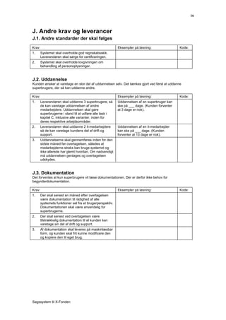 16



J. Andre krav og leverancer
J.1. Andre standarder der skal følges
Krav:                                                       Eksempler på løsning:                Kode:
1.      Systemet skal overholde god regnskabsskik.
        Leverandøren skal sørge for certificeringen.
2.      Systemet skal overholde lovgivningen om
        behandling af personoplysninger.



J.2. Uddannelse
Kunden ønsker at varetage en stor del af uddannelsen selv. Det tænkes gjort ved først at uddanne
superbrugere, der så kan uddanne andre.

Krav:                                                       Eksempler på løsning:                Kode:
1.      Leverandøren skal uddanne 3 superbrugere, så        Uddannelsen af en superbruger kan
        de kan varetage uddannelsen af andre                ske på ___ dage. (Kunden forventer
        medarbejdere. Uddannelsen skal gøre                 at 3 dage er nok).
        superbrugerne i stand til at udføre alle task i
        kapitel C, inklusive alle varianter, inden for
        deres respektive arbejdsområder.
2.      Leverandøren skal uddanne 2 it-medarbejdere         Uddannelsen af en it-medarbejder
        så de kan varetage kundens del af drift og          kan ske på ___ dage. (Kunden
        support.                                            forventer at 10 dage er nok).
3.      Uddannelserne skal gennemføres inden for den
        sidste måned før overtagelsen, således at
        medarbejderne straks kan bruge systemet og
        ikke allerede har glemt hvordan. Om nødvendigt
        må uddannelsen gentages og overtagelsen
        udskydes.



J.3. Dokumentation
Det forventes at kun superbrugere vil læse dokumentationen. Der er derfor ikke behov for
begynderdokumentation.

Krav:                                                       Eksempler på løsning:                Kode:
1.      Der skal senest en måned efter overtagelsen
        være dokumentation til rådighed af alle
        systemets funktioner set fra et brugerperspektiv.
        Dokumentationen skal være anvendelig for
        superbrugerne.
2.      Der skal senest ved overtagelsen være
        tilstrækkelig dokumentation til at kunden kan
        varetage sin del af drift og support.
3.      Al dokumentation skal leveres på maskinlæsbar
        form, og kunden skal frit kunne modificere den
        og kopiere den til eget brug.




Sagssystem til X-Fonden
 