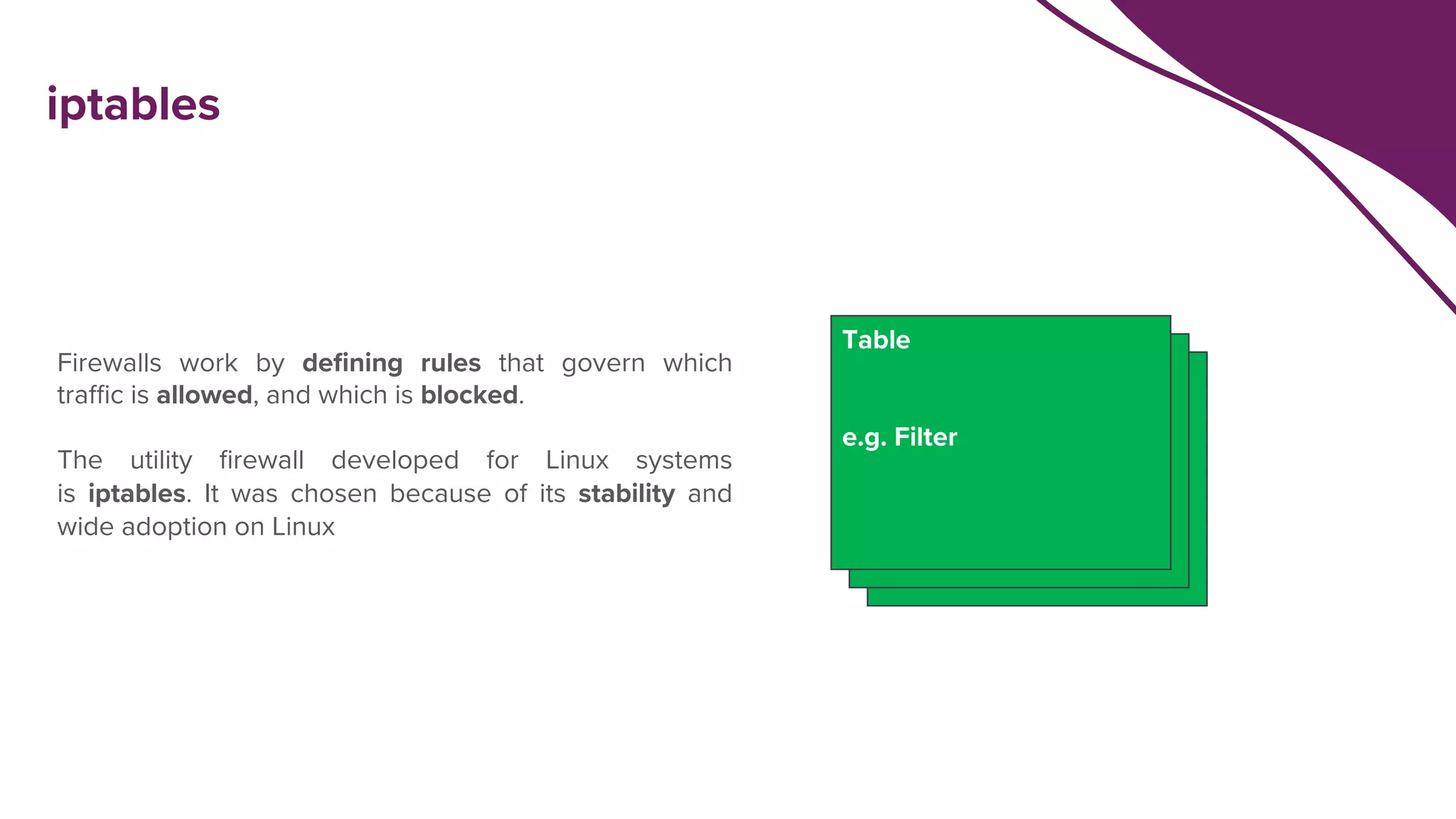Table
e.g. Filter
Table
e.g. Filter
iptables
Table
e.g. Filter
Firewalls work by defining rules that govern which
traffic is allowed, and which is blocked.
The utility firewall developed for Linux systems
is iptables. It was chosen because of its stability and
wide adoption on Linux
 