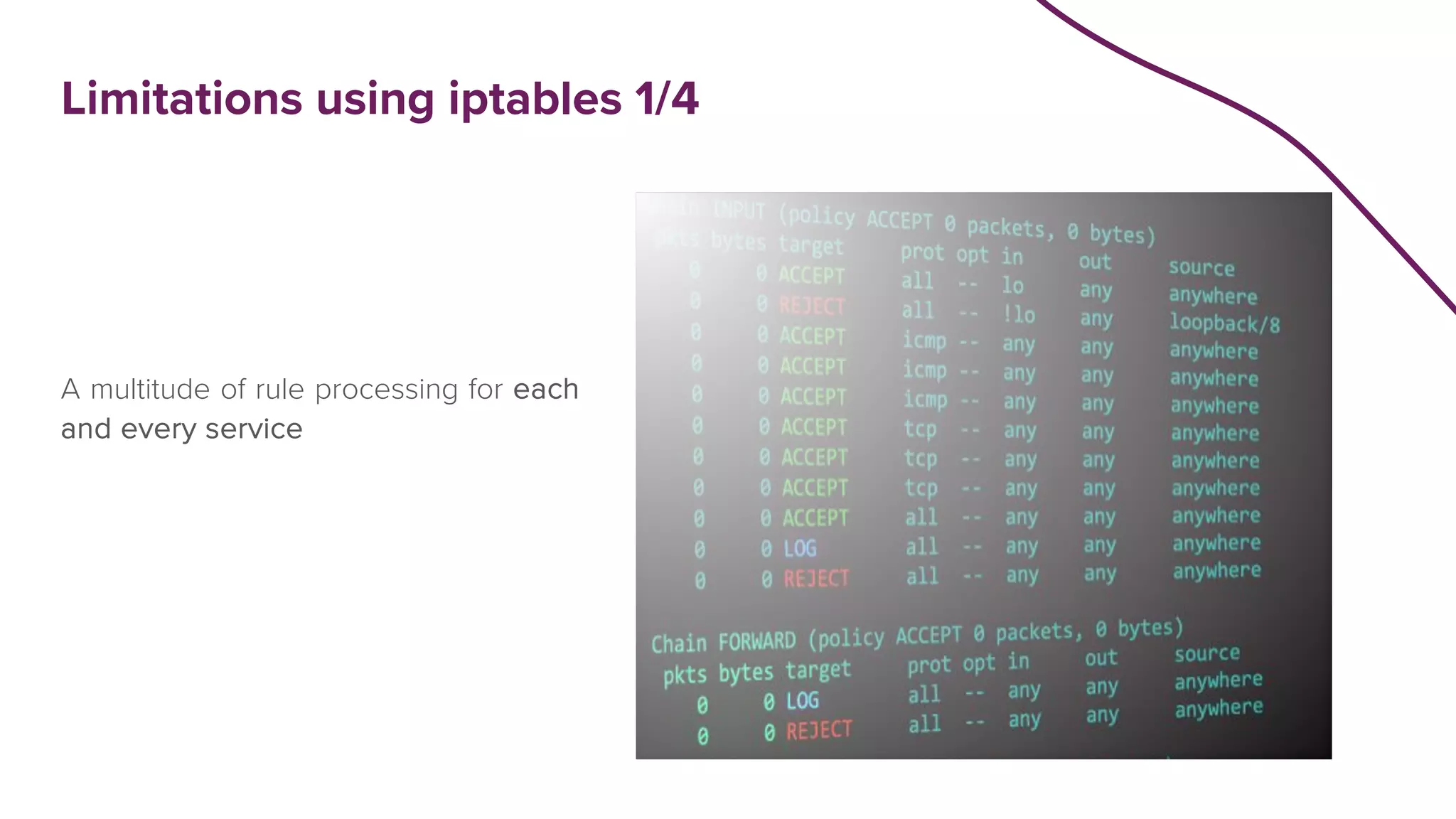 Limitations using iptables 1/4
A multitude of rule processing for each
and every service
 